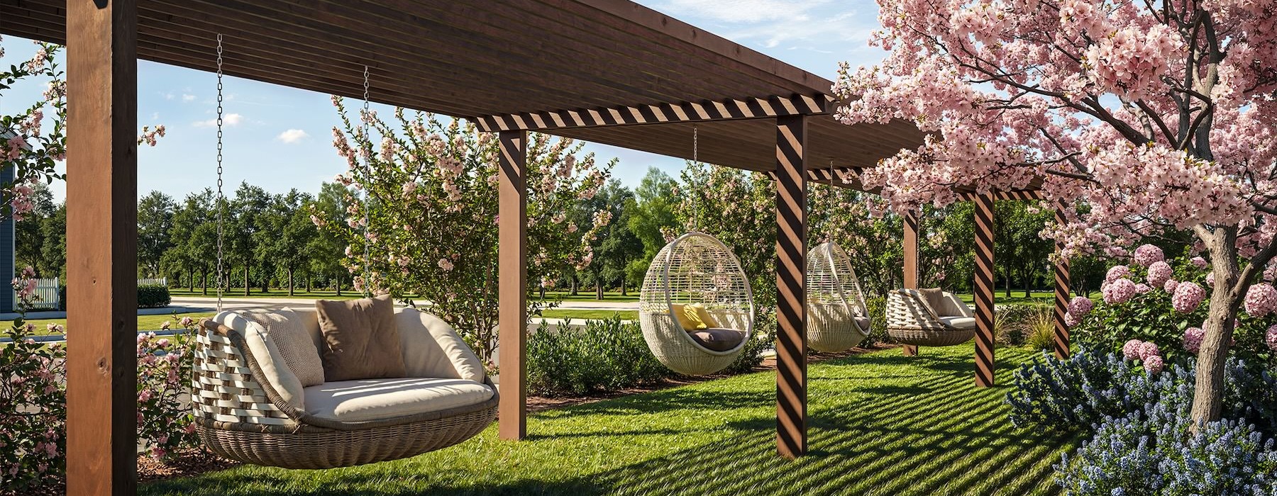 a grassy area with trees and hanging chairs