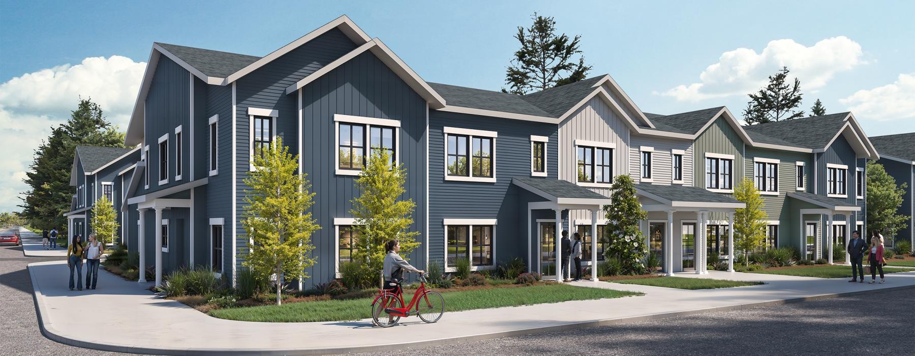 a row of houses and people walking in front